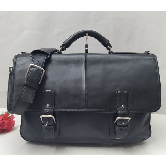 Coach Black Leather Double Pushlock Briefcase Laptop Business Crossbody Bag - Picture 2 of 16